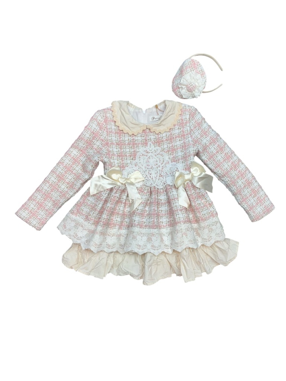 Pink Tweed & Lace Girls' Formal Dress with Ivory Accents